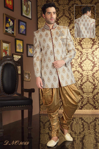Cream Fancy Banarasi  Silk Stone Work Sherwani