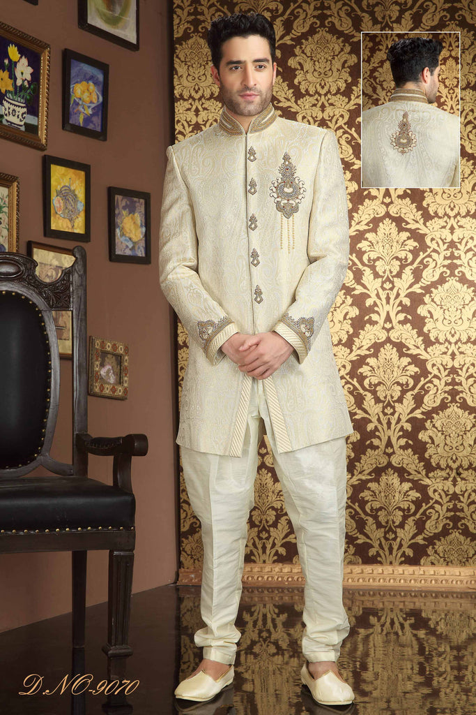 Cream Banarasi Silk Stone Work Sherwani