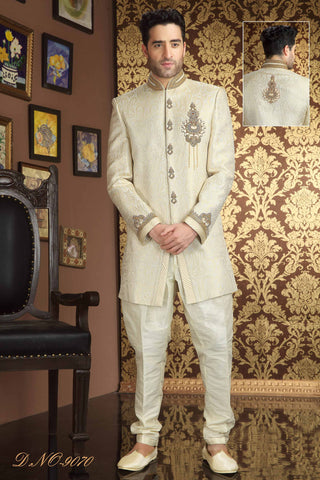 Cream Banarasi Silk Stone Work Sherwani