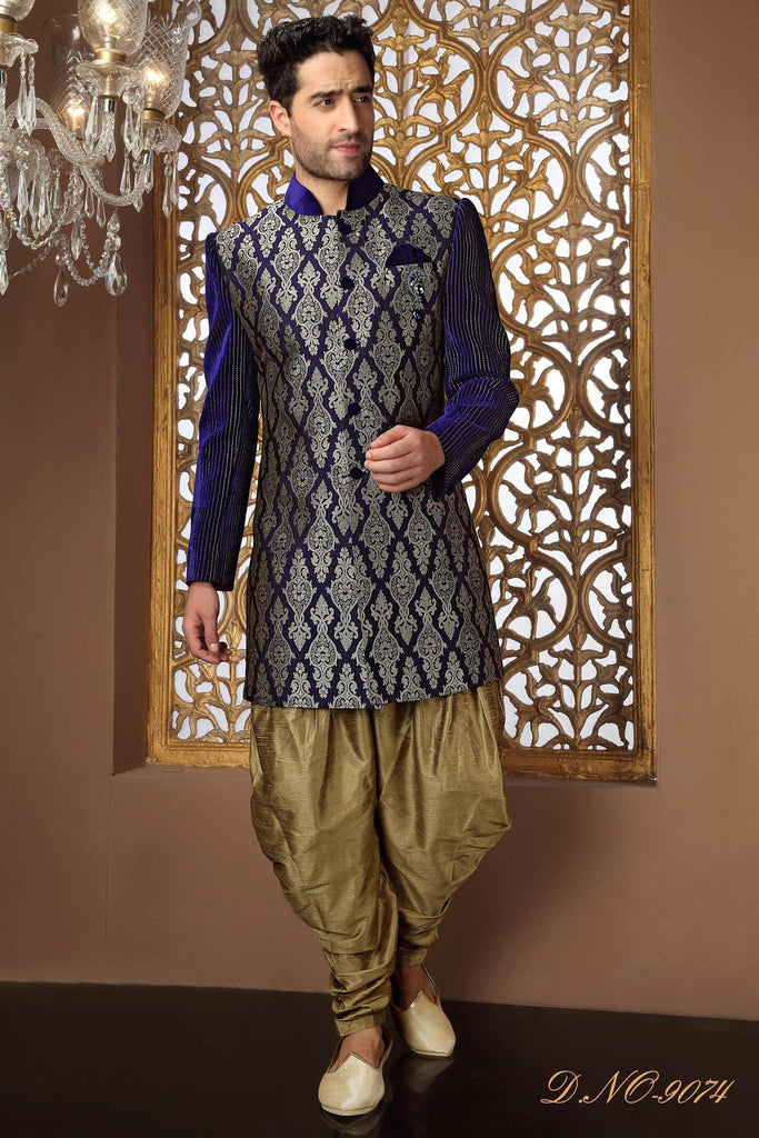 Royal Blue Banarasi Silk With Velvet Bottom And Broch Sherwani