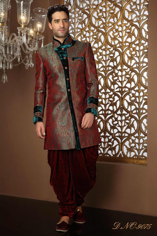 Green Maroon Banarasi  Silk Pattern Work Sherwani
