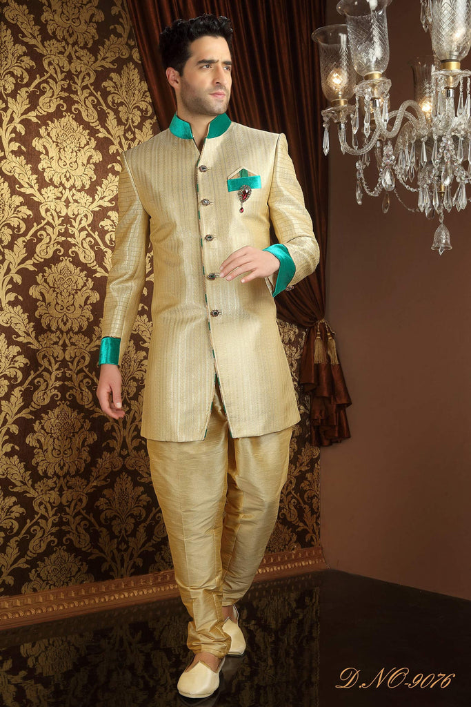 Gold  Banarasi  Silk Pattern Work Broch Sherwani