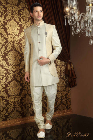 Cream Banarasi  Silk Pattern Work  Indo Western Sherwani