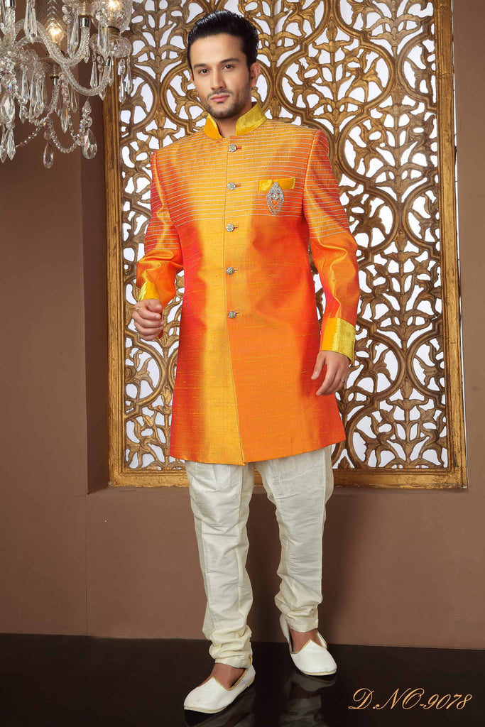 Yellow Orange Pure Raw Silk Pattern Work Broch Sherwani