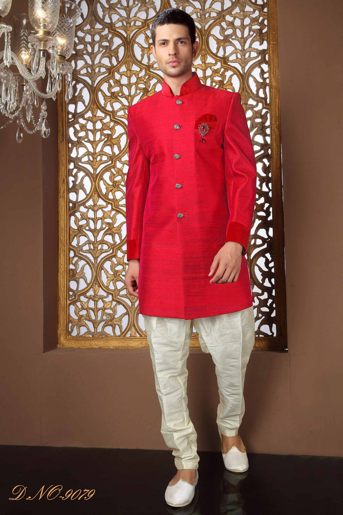 Red Pure Raw Silk Pattern Work Broch Sherwani