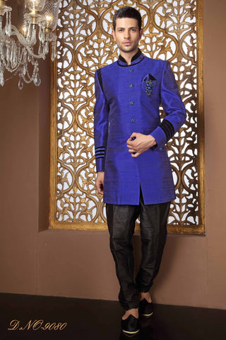 Royal Blue Pure Raw Silk Pattern Work Broch Sherwani