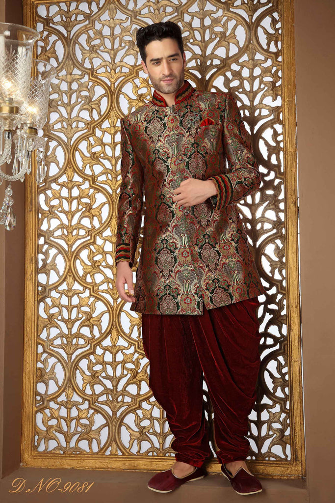 Black With Gold Banarasi Silk Pattern Work Sherwani