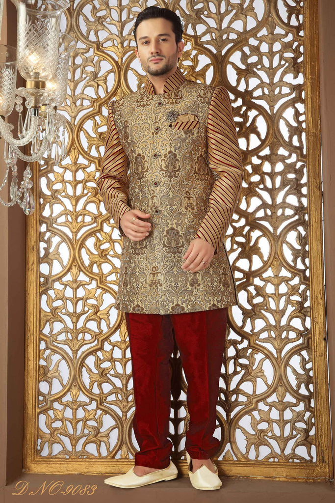 Gold Fancy Banarasi Silk Pattern Work Broch Indo Western Sherwani