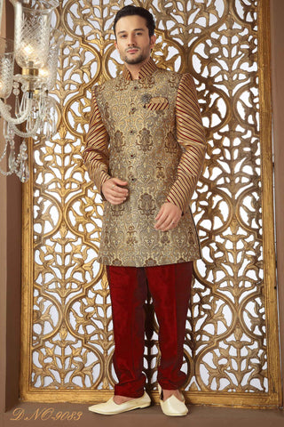 Gold Fancy Banarasi Silk Pattern Work Broch Indo Western Sherwani