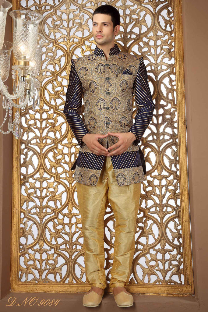 Gold Fancy Banarasi Silk Pattern Work Broch Sherwani
