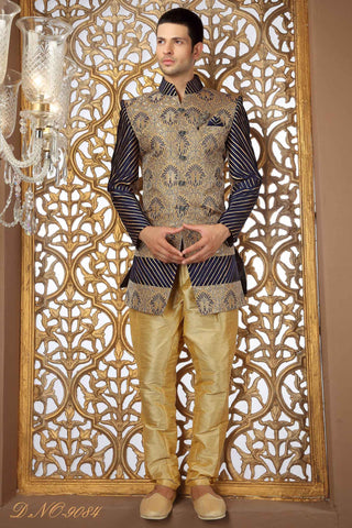 Gold Fancy Banarasi Silk Pattern Work Broch Sherwani