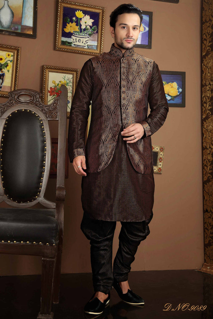 Black With Antique Banarasi Silk Stone Work Sherwani