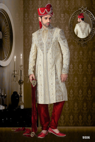 New Light Gold Banarasi Giccha Pure Banarasi Slik Sherwani