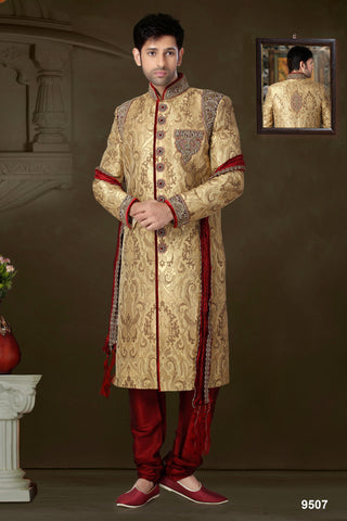 New Gold Pure Heavy Banarasi Silk Sherwani
