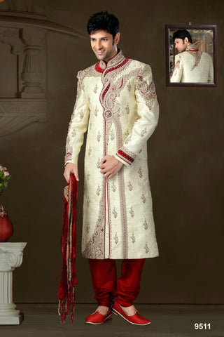 New Light Lemon Cream Banarasi Giccha Silk Sherwani