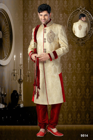 New Gold Color Pure Banarasi Silk Sherwani