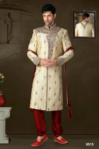 New Light Gold Brocade Stone Work Sherwani