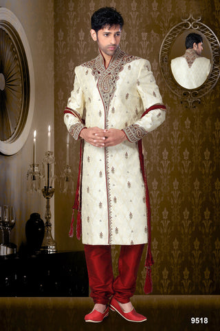 New Light Lemon Brocade Resham Embroidery Sherwani