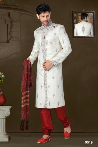 New Off White Banarasi Giccha Silk Sherwani