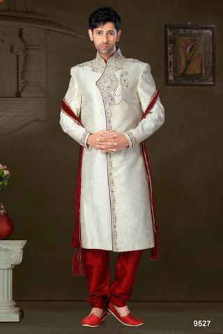 New Off White Brocade Resham Embroidery Sherwani