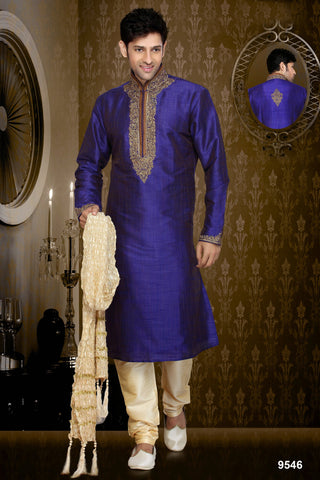 New Royal Blue Dupian Jaquard Silk Thread Work Kurta