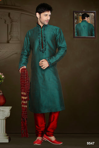 New Pakastani Green Dupian Jaquard Thread Work Silk Kurta