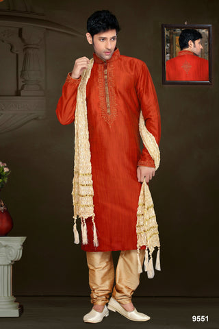 New Orange Dupian Jaquard Silk Resham Embroidery Kurta