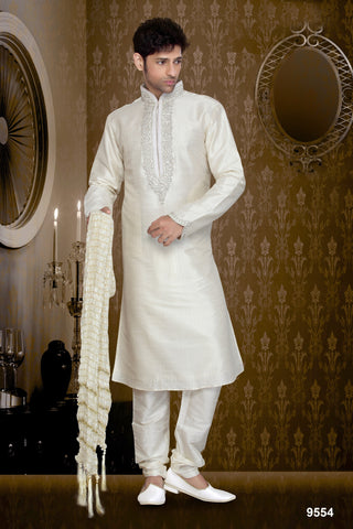 New Off White Stripe Art Silk Resham Embroidery Kurta