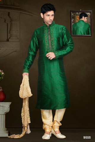 New Pakastani Green Stripe Art Silk Resham Embroidery Kurta