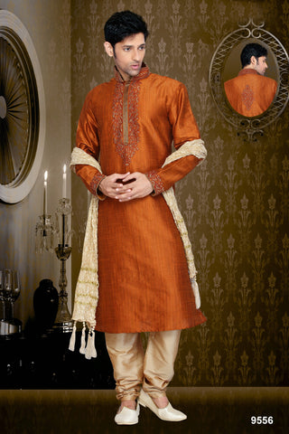 New Rust Dupian Jaquard Silk Resham Embroidery Kurta