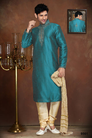 New Tarquish Blue Dupian Jaquard Silk Kurta