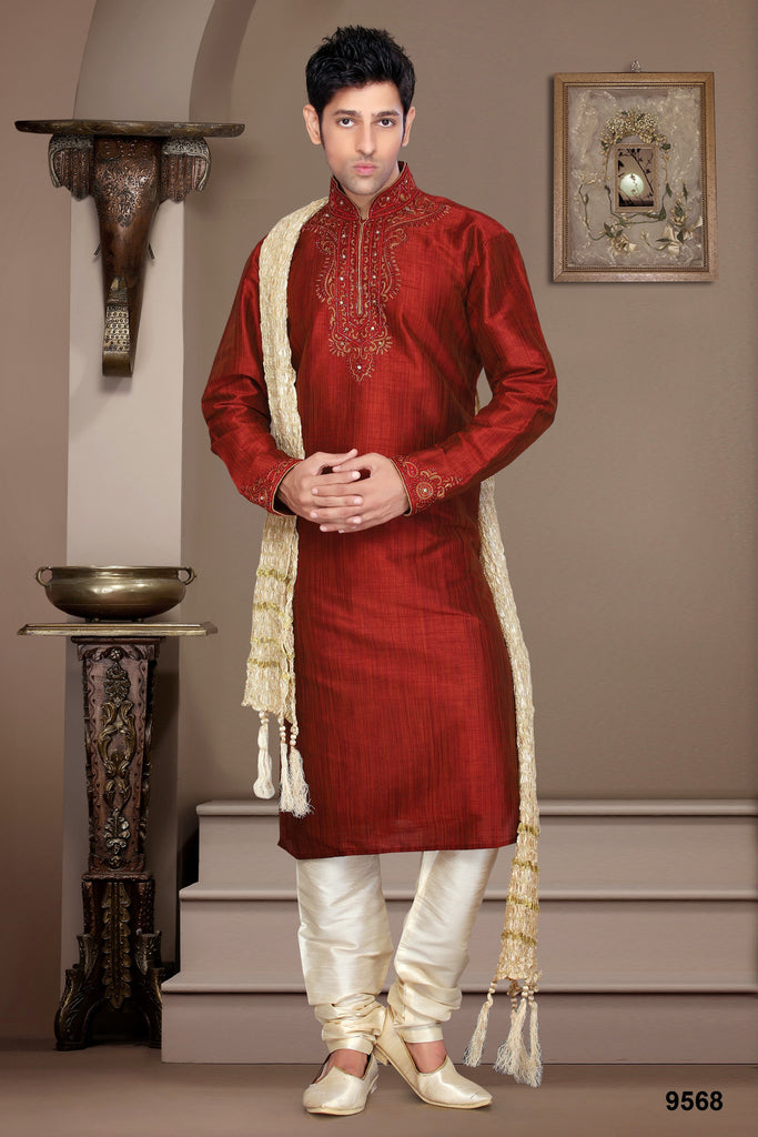 Red Color Jaquard Silk Embroidery Kurta