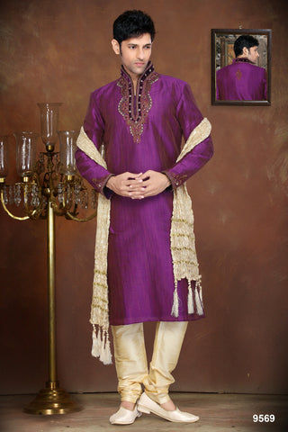 New Purple Dupian Jaquard Silk Resham Embroidery Kurta