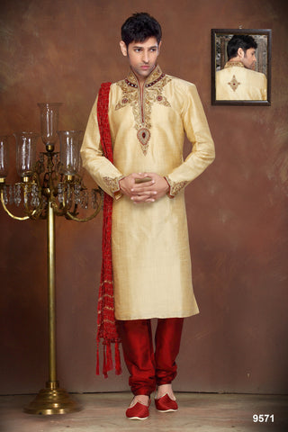 New Gold Dupian Jaquard Silk Resham Embroidery Kurta