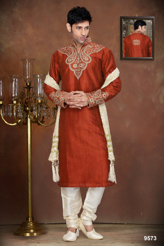 New Rust Color Dupian Jaquard Thread Work Silk Kurta