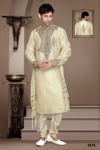 New Lemon Cream Stripe Art Silk Kurta