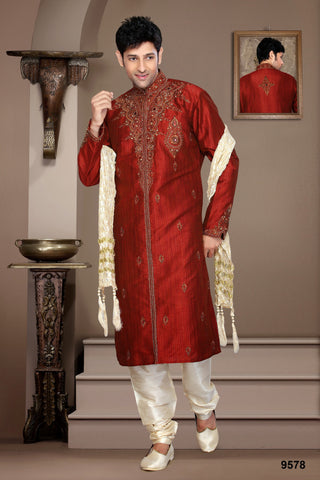 New Maroon Stripe Resham Embroidery Art Silk Kurta