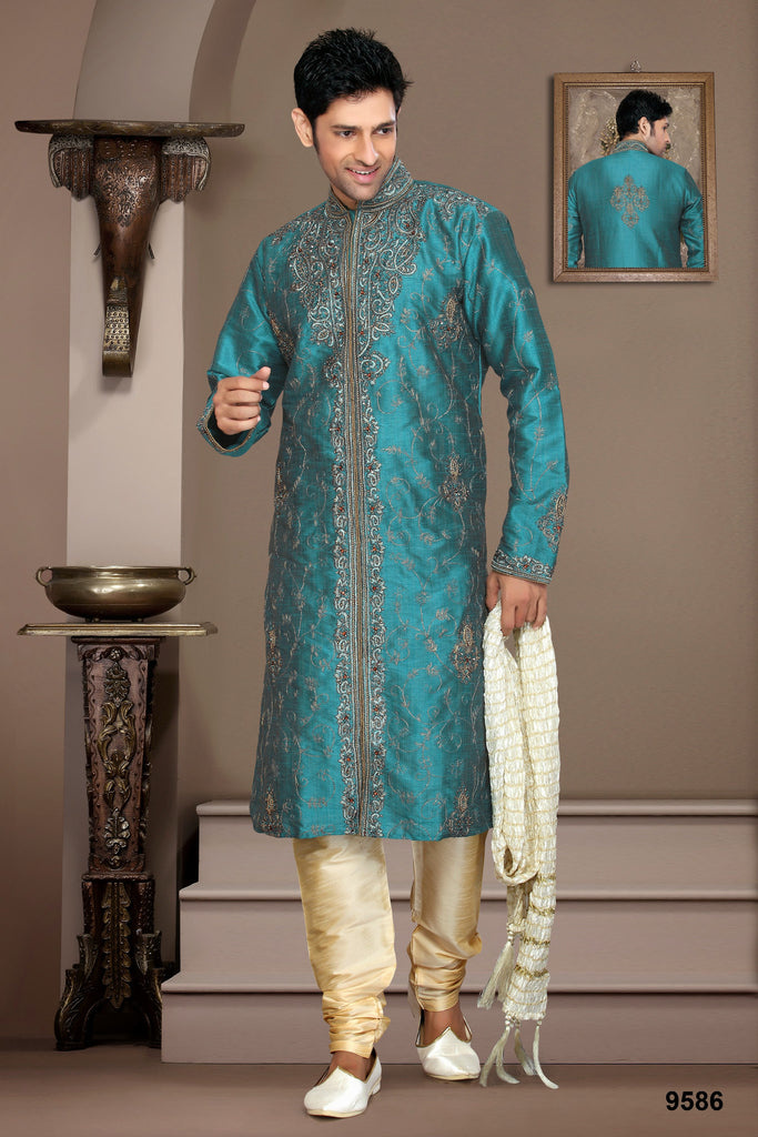 Dark Blue Jaquard Silk Thread Work Kurta