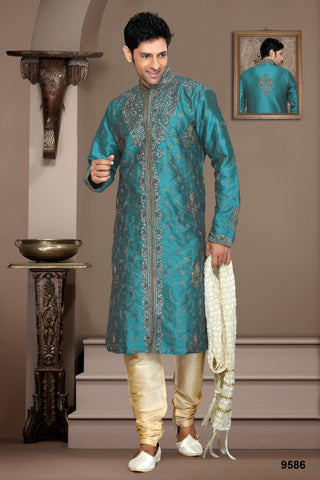 Dark Blue Jaquard Silk Thread Work Kurta