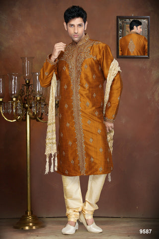 New Rust Jaquard Silk Resham Thread Work Kurta