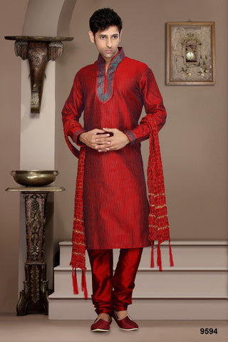 New Dupian Red Jaquard Silk Thread Work Kurta Pyjama