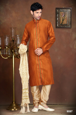 Orange Jaquard Silk Thred Work Kurta