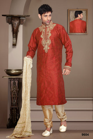 New Orange  Stripe Art Silk Kurta