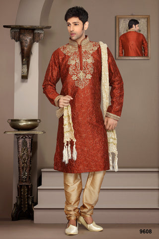 New Orange Dupian Jaquard Silk Thread Embroidery Kurta