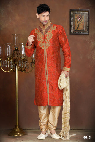 New Orange Dupian Jaquard Silk Kurta