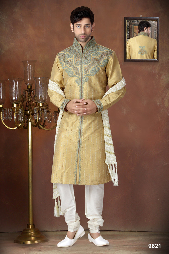 Yellow Stripe Art Silk Kurta Pyjama