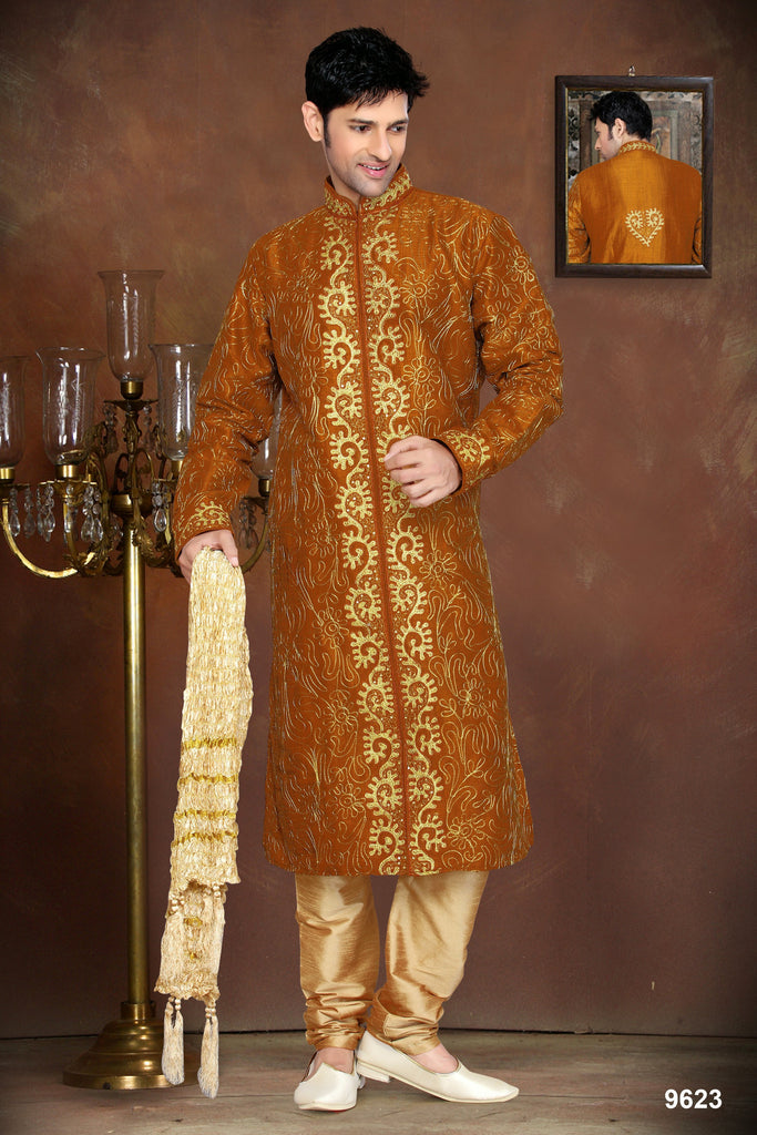 Rust Color Dupian Jaquard Silk Kurta