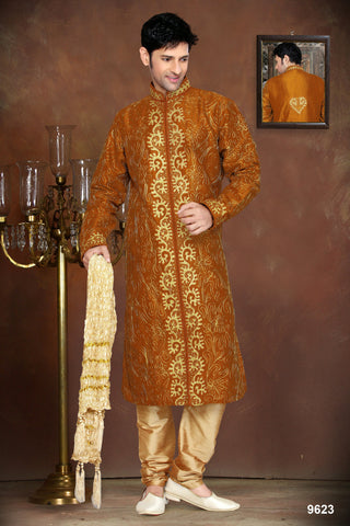 Rust Color Dupian Jaquard Silk Kurta