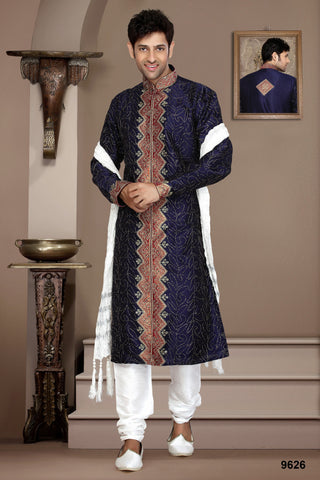 New Nevy Blue Dupian Silk Thread Work Kurta Pyjama
