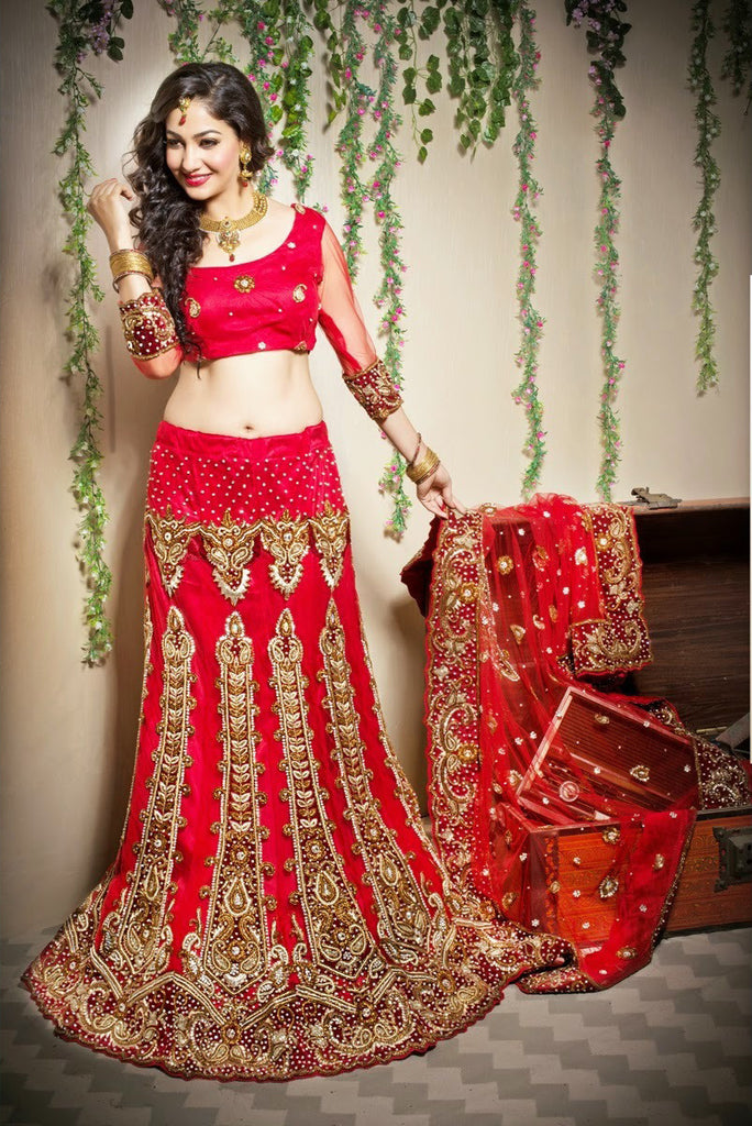 Red Embroidery And Heavy Stone Work Lehanga Choli
